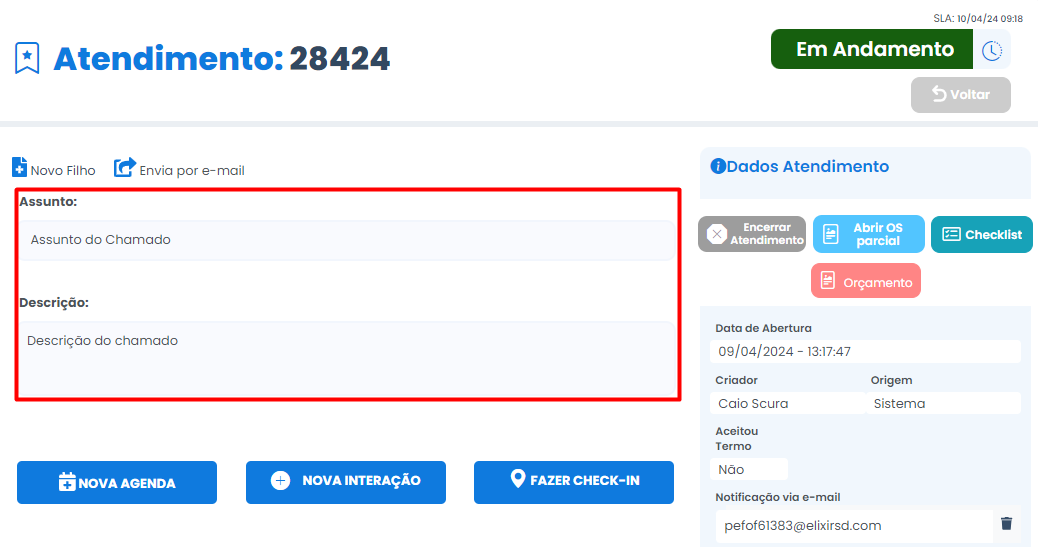 assunto e descrição chamado