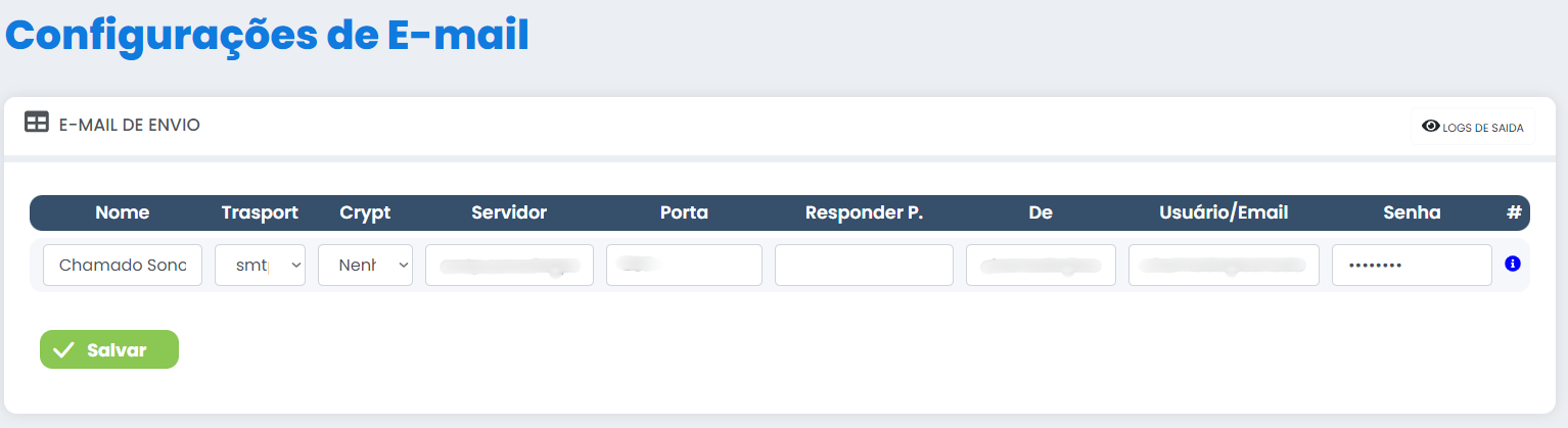 configuração de email de envio