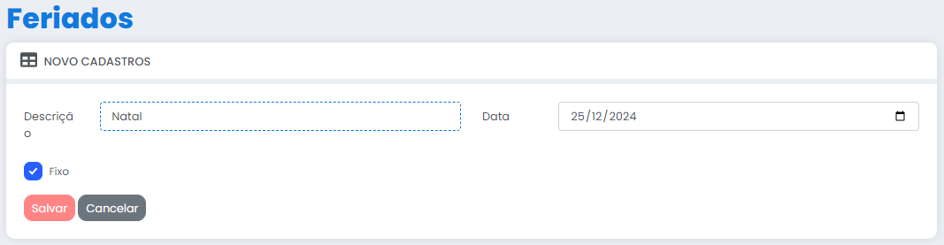 cadastrar feriado