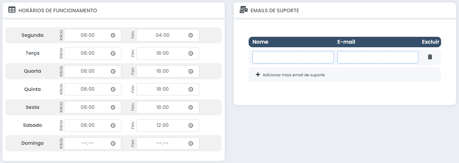 minha empresa: horario de funcionamento e emails de suporte