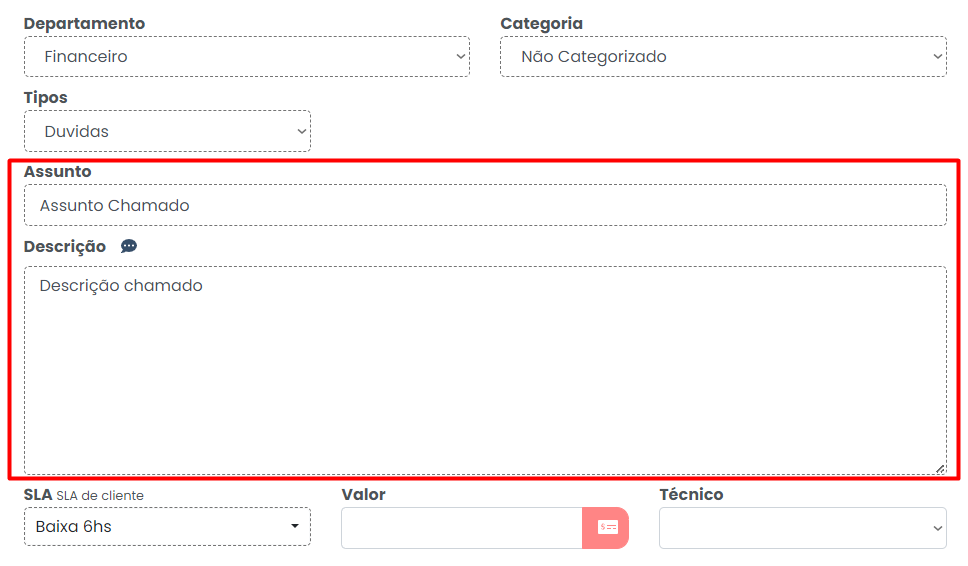 novo chamado assunto e descrição