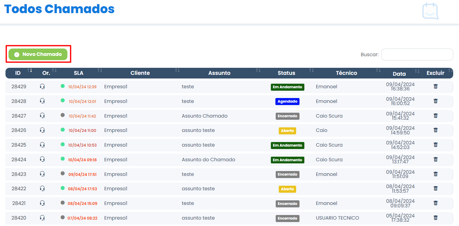 todos os chamados: novo chamado
