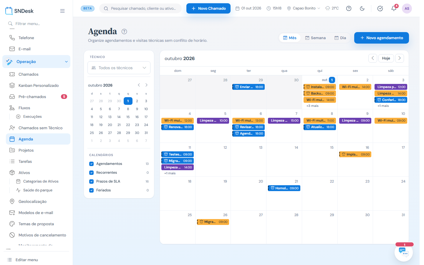 Agenda no modo Mês: filtro de técnico e calendários à esquerda, eventos coloridos por tipo