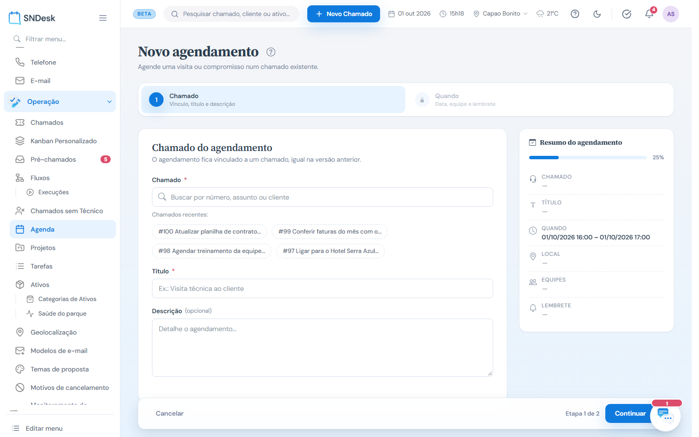 Novo agendamento: etapa 1, escolher o chamado, título e descrição; resumo à direita