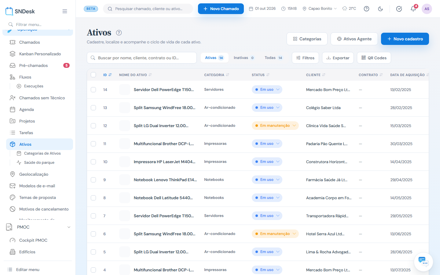 Lista de ativos: segmentos Ativas/Inativas, filtros, exportação, QR Codes e a tabela com status editável