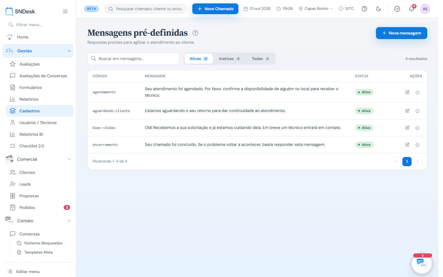 Mensagens predefinidas com código e texto