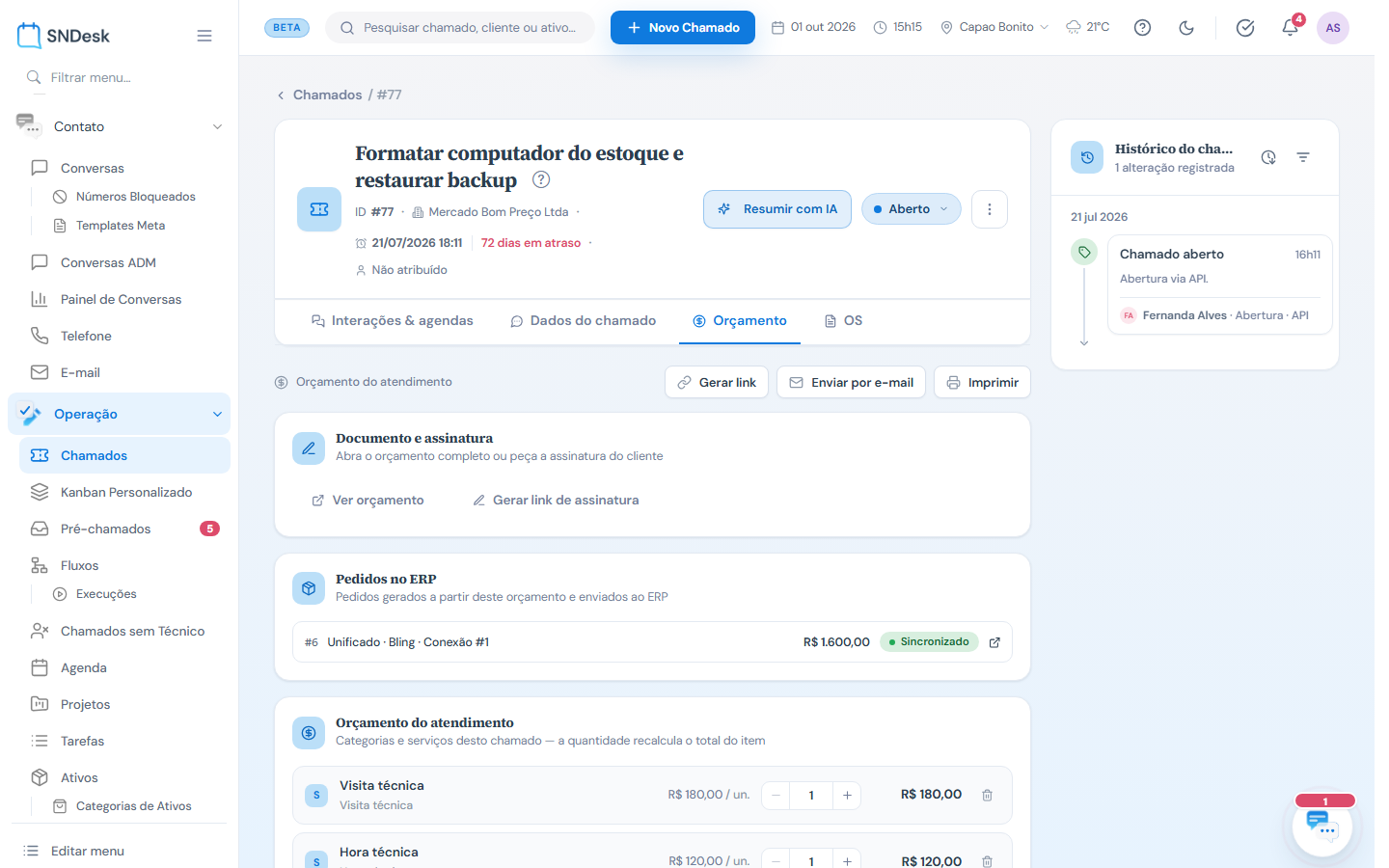 Aba Orçamento: documento e assinatura, pedidos no ERP e os itens do orçamento