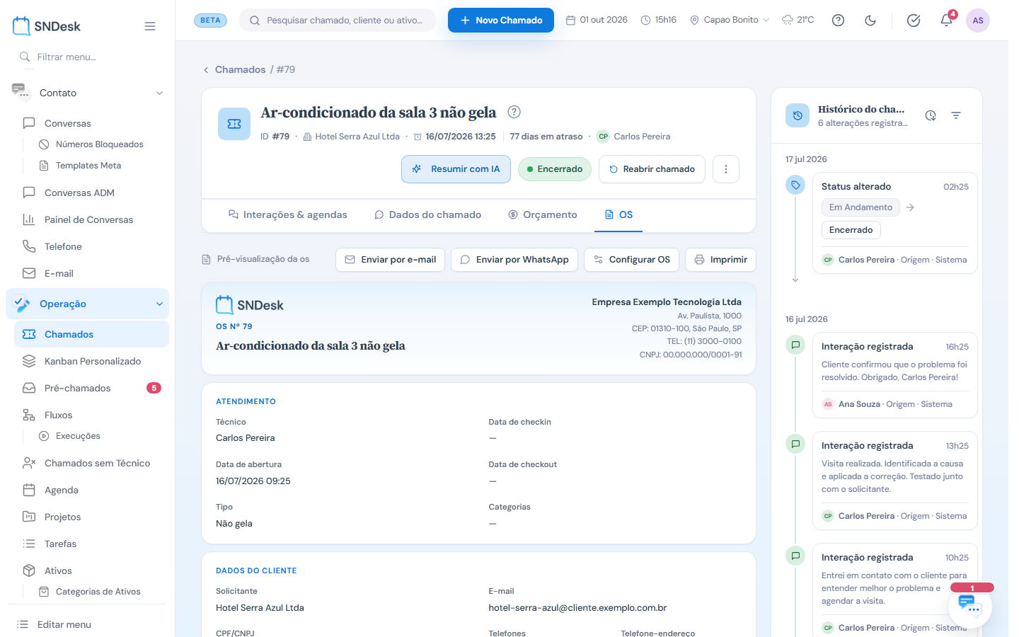 Aba OS: pré-visualização da ordem de serviço com os dados da empresa, do atendimento e do cliente