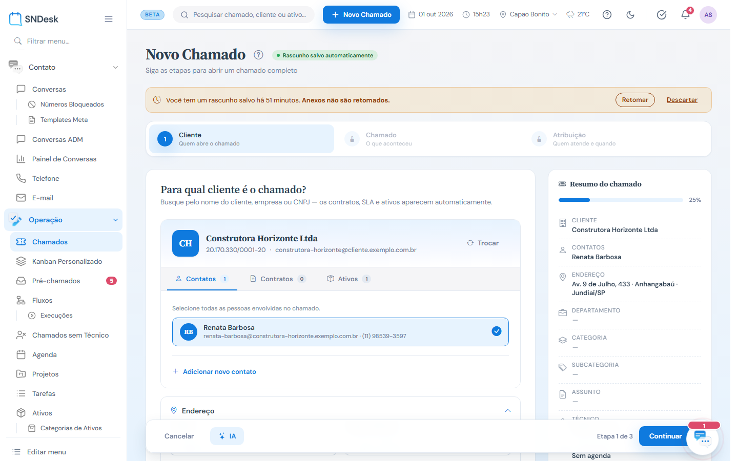 Etapa 1: busca de cliente, clientes recentes, cadastro rápido e endereço