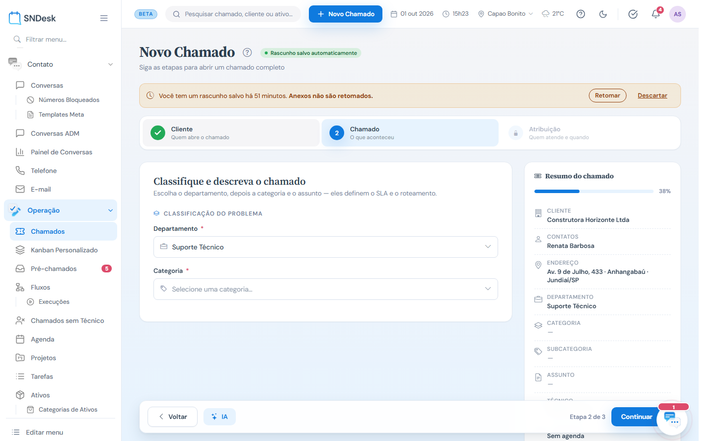 Etapa 2: departamento, categoria e, em seguida, assunto e descrição