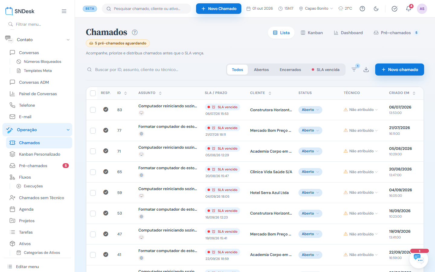 Lista filtrada só com chamados sem responsável