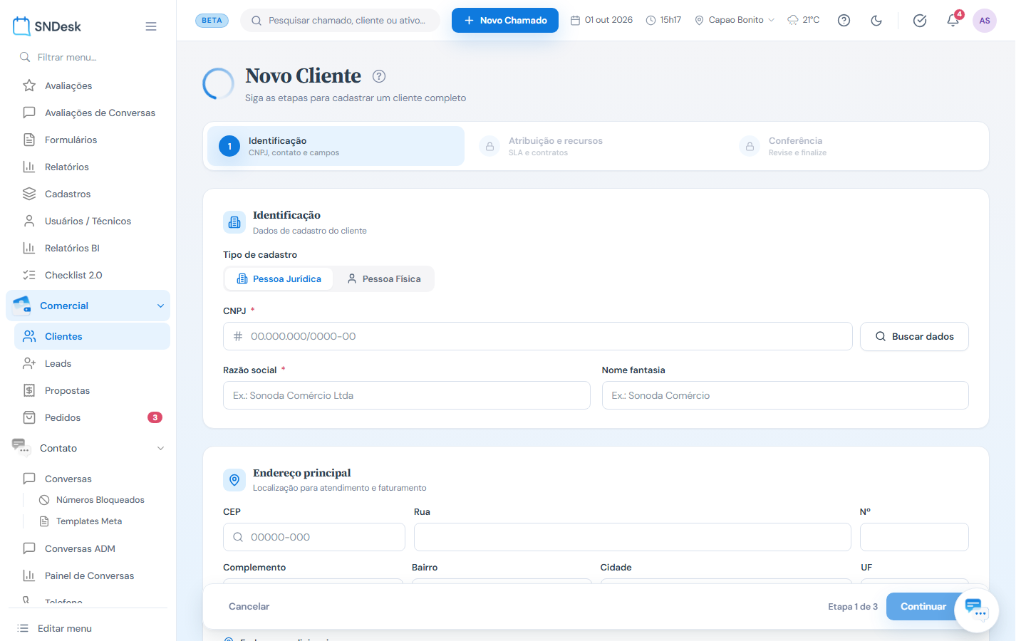Novo cliente: etapa 1 de 3, identificação e endereço principal