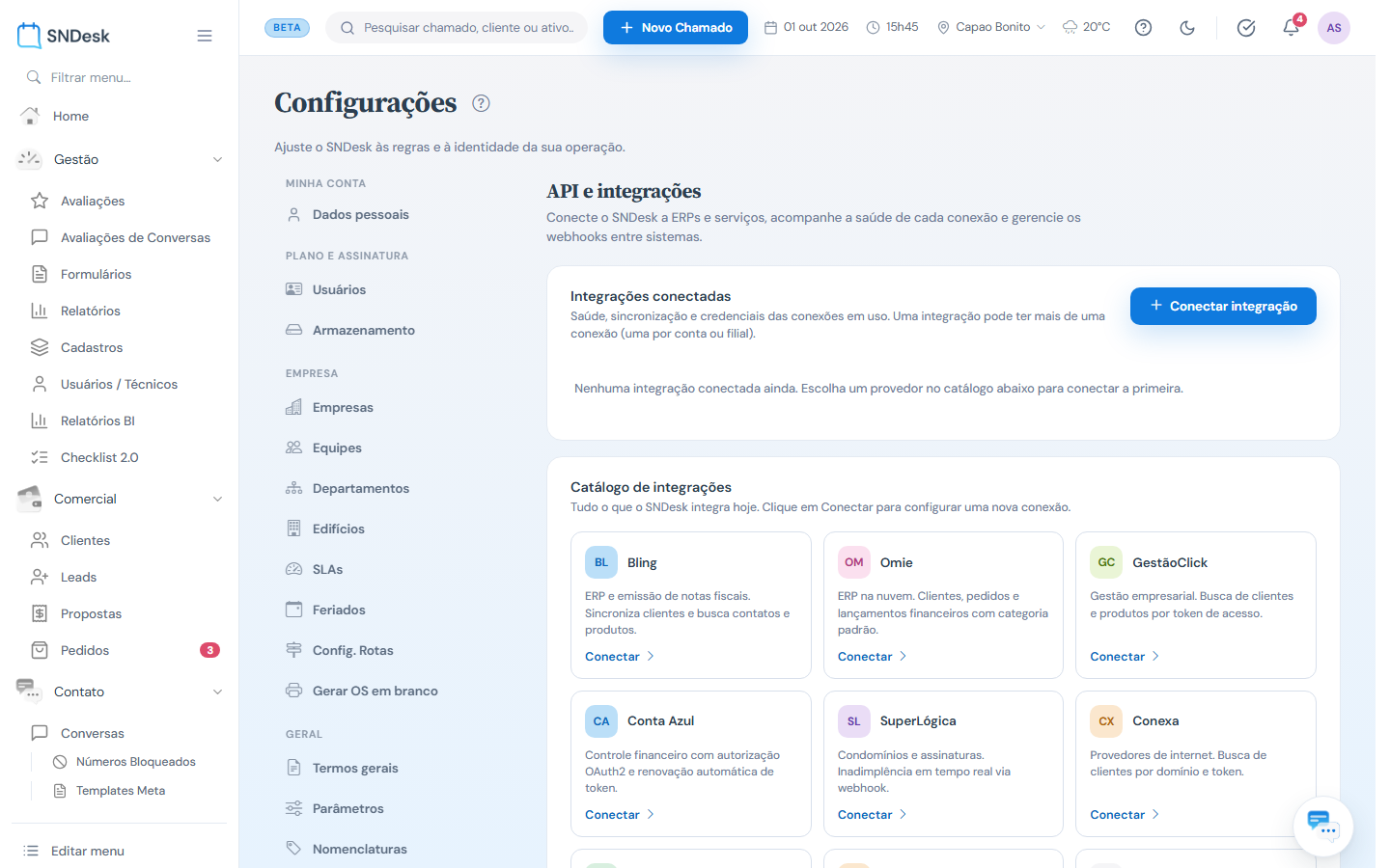 API e integrações: conexões ativas e o catálogo de provedores