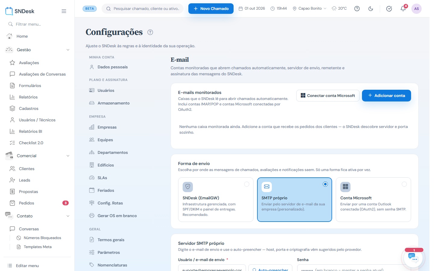 Painel de E-mail: caixas monitoradas e forma de envio