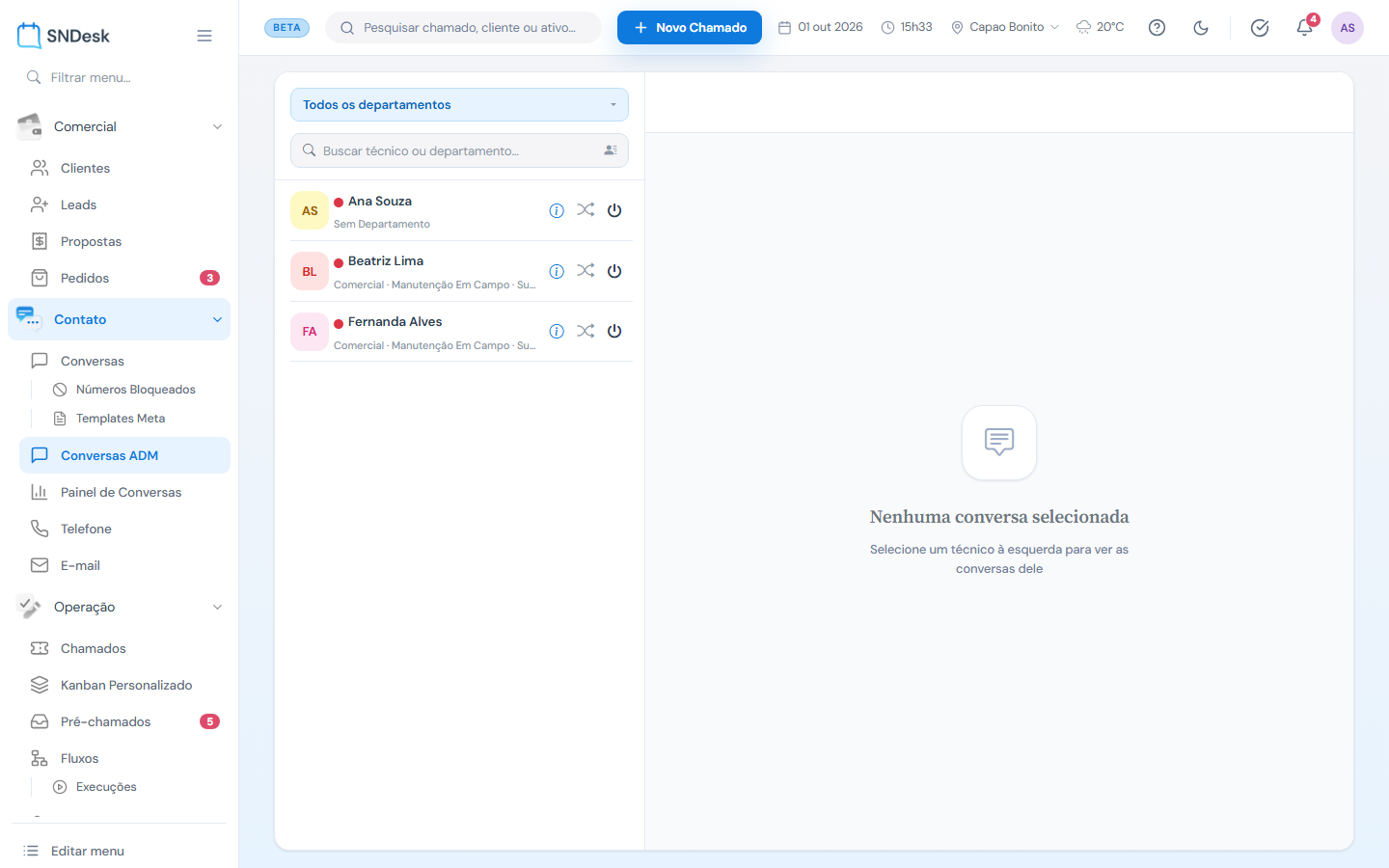 Conversas ADM: técnicos, conversas do técnico escolhido e a conversa aberta