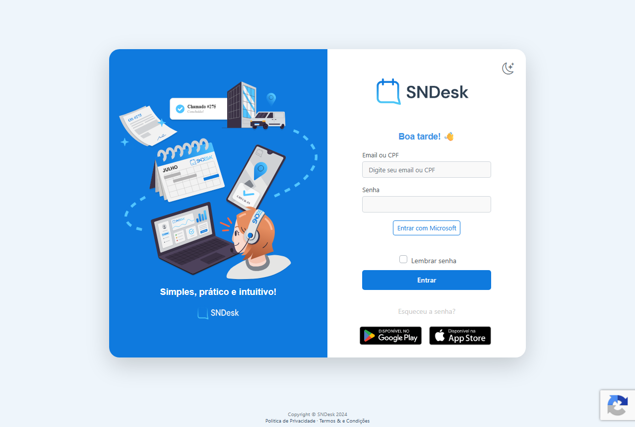 Tela de login do SNDesk