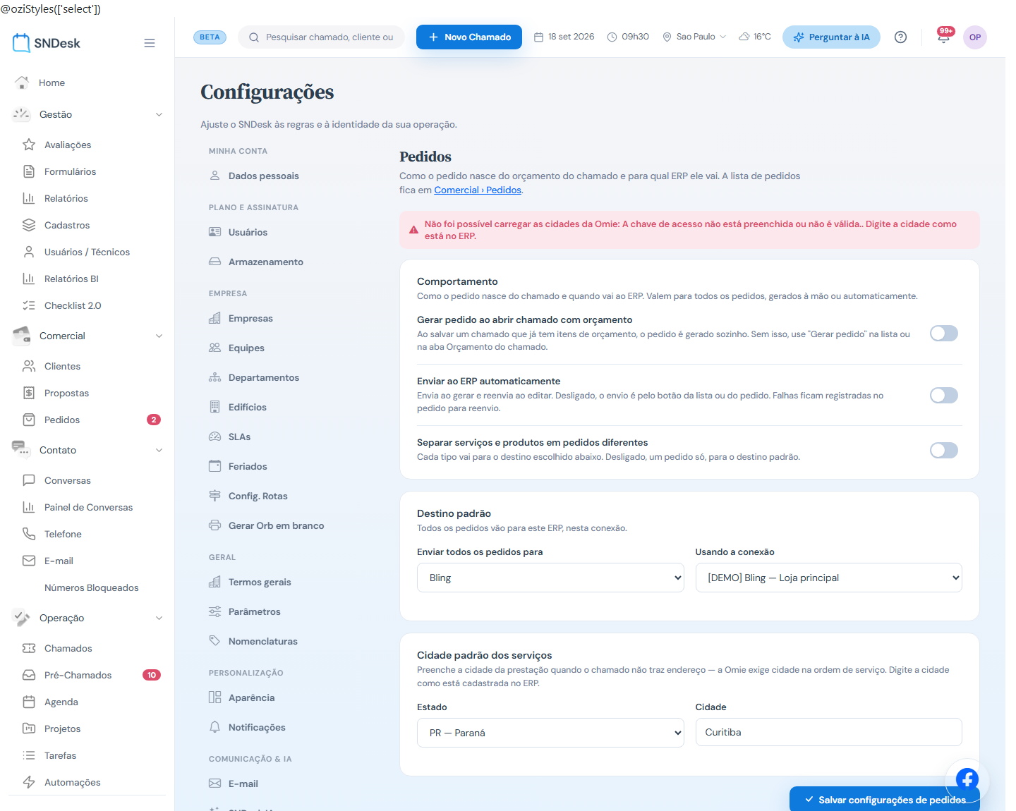 Aba Pedidos das Configurações