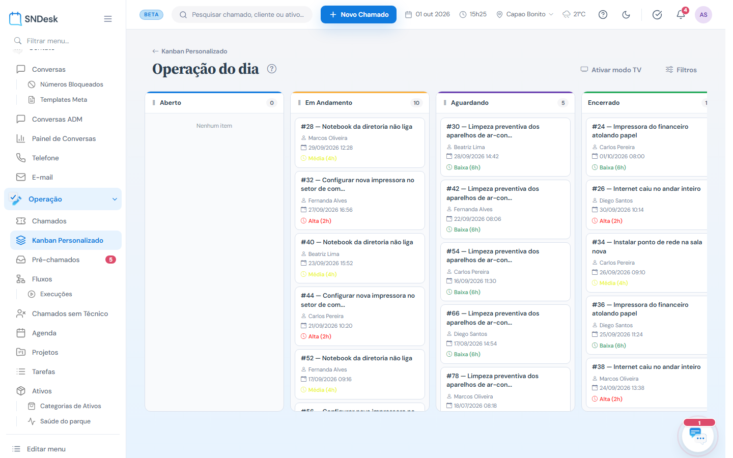 Quadro aberto: uma coluna por status, cartões com responsável, data e SLA