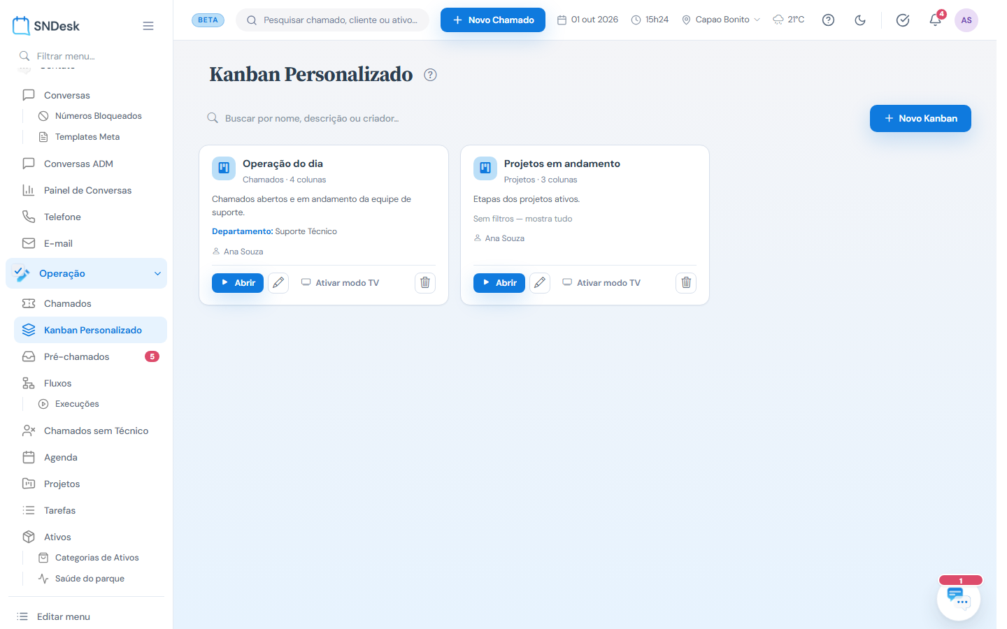 Lista de quadros: cada cartão mostra tipo, colunas, filtros e o criador