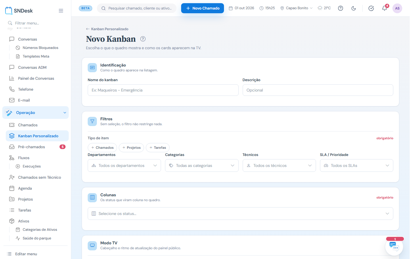 Novo Kanban: identificação, filtros, colunas e modo TV